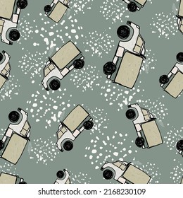 Cute truck car seamless pattern. Kids hand drawn automobile background. Transport wallpaper. Doodle style. Design for fabric, textile print, wrapping, cover. Vector illustration