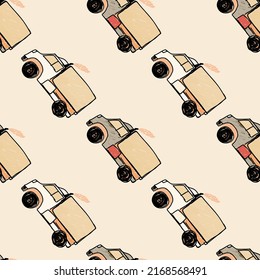 Cute truck car seamless pattern. Kids hand drawn automobile background. Transport wallpaper. Doodle style. Design for fabric, textile print, wrapping, cover. Vector illustration