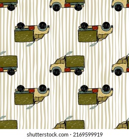 Cute truck car seamless pattern. Kids hand drawn automobile background. Transport wallpaper. Doodle style. Design for fabric, textile print, wrapping, cover. Vector illustration