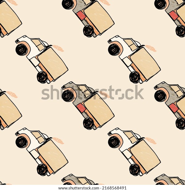 Cute truck\
car seamless pattern. Kids hand drawn automobile background.\
Transport wallpaper. Doodle style. Design for fabric, textile\
print, wrapping, cover. Vector\
illustration