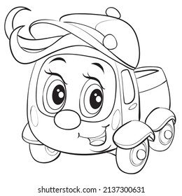 cute truck character in a cap and with a big bang in outline, isolated object on a white background, vector illustration