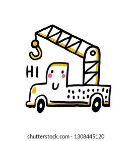 Cute truck crane says hi. Funny linear drawing toy car. Vector illustration toy crane. Doodle style.