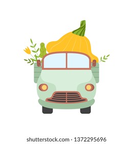 Cute Truck Delivering Giant Squash, Front View, Shipping of Fresh Garden Vegetables Vector Illustration