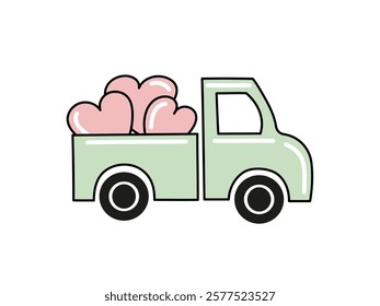 Cute truck doodle and flat illustration carrying hearts for love and eco themes

