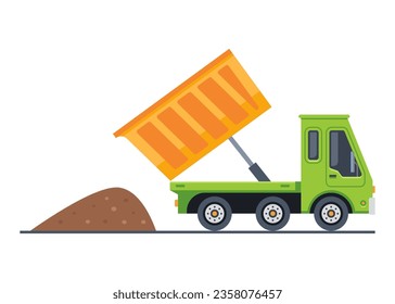 cute truck dumps cargo on the ground. flat vector illustration.