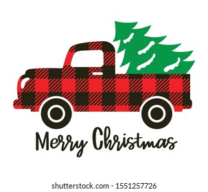 Cute Truck With Red Buffalo Plaid Pattern Carrying A Christmas Tree Vector Illustration.
