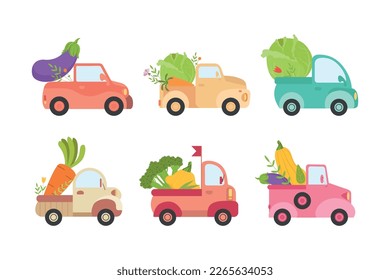 Cute Trucks and Cars Delivering Fresh Vegetables from Garden Vector Set