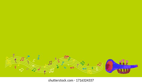 a cute trumpet and some colorful notes with a light green background