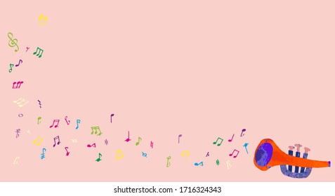 a cute trumpet and some colorful notes with a pink background