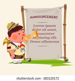 cute trumpeter. scout boy character blowing trumpet to announcing your text in blank fabric. jungle style. camp announcement - vector illustration
.promotion marketing concept - vector illustration