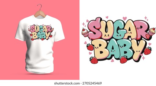 Um design de camiseta bonito com a frase "Sugar Baby" com morangos, doces peças, brilhos, corações e pastel letras arredondadas. As formas suaves, paleta doce e encantadora sobremesa temática