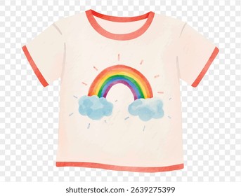 Cute t-shirt illustration with rainbow and clouds in watercolor style, ideal for Pride Month designs and children's products. vector