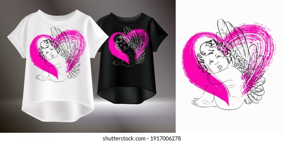 Cute T-shirt print. Vector illustration of women's t-shirts. Isolated image of women's clothing. Drawing of a little angel and a red heart on a T-shirt.