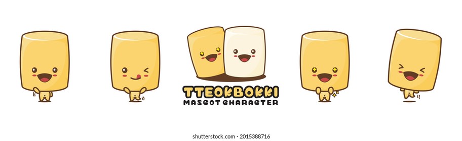 cute tteokbokki mascot, korean food cartoon illustration, with different facial expressions and poses, isolated on a white background