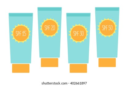 Cute tubes of sunscreen with different SPF(sun protection factor) in flat style