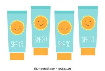 Cute tubes of sunscreen with different SPF(sun protection factor) in flat style