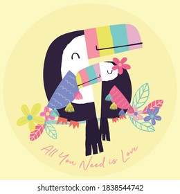 Cute Tucan Bird Couple Illustration For Girls Apparels