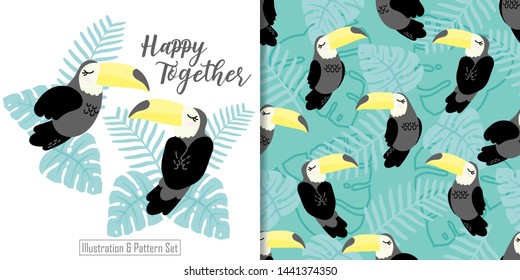 cute tucan cartoon animal seamless pattern with illustration card set