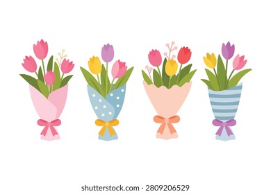 Cute Tulip Bouquets Clipart Set. Colorful Flat Vector Collection of Gift Flower Arrangements with Ribbons