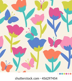 Cute tulip and butterfly pattern vector background