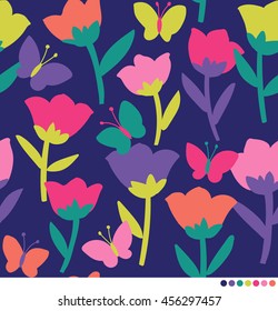 Cute tulip and butterfly pattern vector background