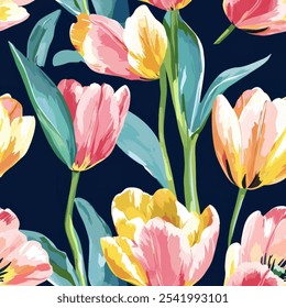 Cute tulip floral seamless watercolor pattern on black background. Flower vector illustration. Watercolor print in rustic vintage style, textile or wallpapers.