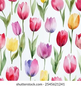 Cute tulip floral seamless watercolor pattern on white background. Flower vector illustration. Watercolor print in rustic vintage style, textile or wallpapers.