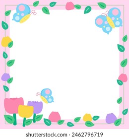 cute tulip flower with butterfly frame in square size, vector illustration