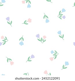 Cute tulip flower element and leaves. Floral ditsy leaf. Abstract cartoon seamless pattern. Texture for card, fabric, wrapping, textile, wallpaper, background, paper, scarf, phone case, wrapping.