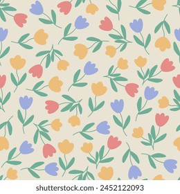 Cute tulip flower element and leaves. Floral ditsy leaf. Abstract cartoon seamless pattern. Texture for card, fabric, wrapping, textile, wallpaper, background, paper, scarf, phone case, wrapping.