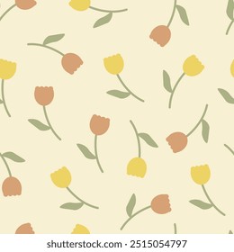 Cute tulip flower element and leaves. Floral ditsy leaf. Abstract cartoon seamless pattern. Texture for card, fabric, wrapping, textile, wallpaper, background, paper, scarf, phone case, wrapping.