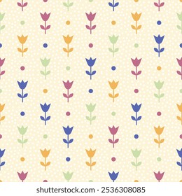 Cute tulip flower element, leaves and dot. Floral leaf. Abstract cartoon seamless pattern. Texture for card, fabric, wrapping, textile, wallpaper, background, paper gif, scarf, phone case, wrapping.