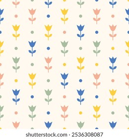 Cute tulip flower element, leaves and dot. Floral leaf. Abstract cartoon seamless pattern. Texture for card, fabric, wrapping, textile, wallpaper, background, paper gif, scarf, phone case, wrapping.