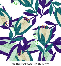 Cute tulip flower seamless pattern. Wildflower botanical design. Decorative floral ornament wallpaper. For fabric design, textile print, wrapping. Retro vector illustration