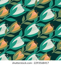 Cute tulip flower seamless pattern. Wildflower botanical design. Decorative floral ornament wallpaper. For fabric design, textile print, wrapping. Retro vector illustration