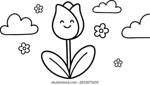 Cute tulip flower with smiling face and clouds line art illustration on white background