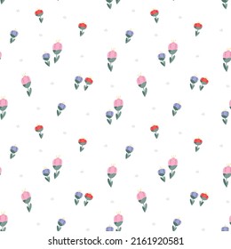 Cute tulip flowers flat hand drawn seamless vector pattern. Blooming vintage texture. Beautiful floral background for wrapping paper, textile, print, apparel, fabric, wallpaper, card, gift, packaging.