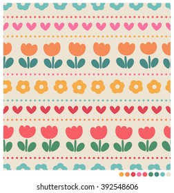 Cute tulip flowers, hearts and dots seamless vector pattern
