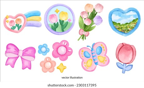 cute tulip moon sky bloom decorate watercolor vector illustration