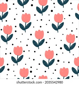 Cute tulip seamless pattern with black dots on white background.Used for paper, wallpaper, modern fashion, various prints.