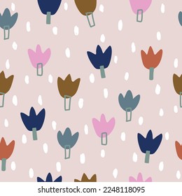 Cute Tulpe nahtloses Muster mit bunten Tulpen auf rosafarbenem Hintergrund, Verwendung für Tapeten.  Textilien und Drucke
