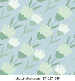 Cute tulip seamless pattern in doodle style on blue background. Floral backdrop. Spring flower wallpaper. Design for fabric, textile print, wrapping paper, cover. Vector illustration