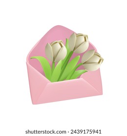 Cute tulips in an envelope on an isolated background. 3D vector illustration with a bouquet of white tulips in an open pink congratulatory letter. Ideal for creating spring invitations or banners.