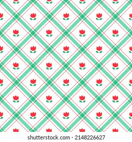 Cute Tulips Flowers leaf Element Red Green Diagonal Stripe Striped Line Tilt Checkered Plaid Tartan Buffalo Scott Gingham Pattern Illustration Wrapping Paper, Picnic, Scarf 