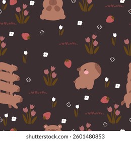 Cute tulips , strawberry and capybara on black background, seamless pattern.	
