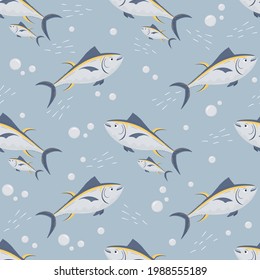Cute tuna fish seamless pattern with bubbles and waves for child background or wrapping paper and seafood packaging.
