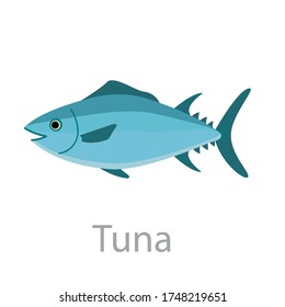 Cute tuna fish vector flat illustration. Marine animal swimming isolated on white background. Colorful cartoon clipart for design.