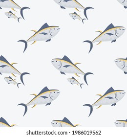 Cute tuna seamless pattern, background textile or wrapping paper or packaging for seafood products.