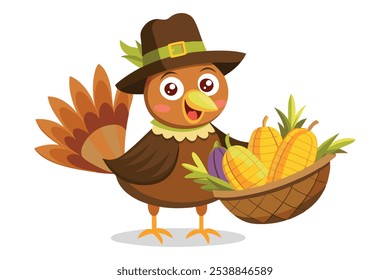 Cute turkey with basket of corn and vegetables, for Thanksgiving graphics, kids' activities, print materials