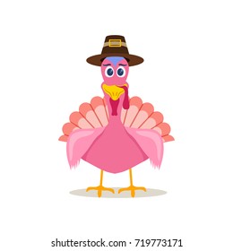 Cute turkey with big eyes in hat vector illustration isolated on white. Cartoon bird for design thanksgiving day greeting cards, funny feathered creature